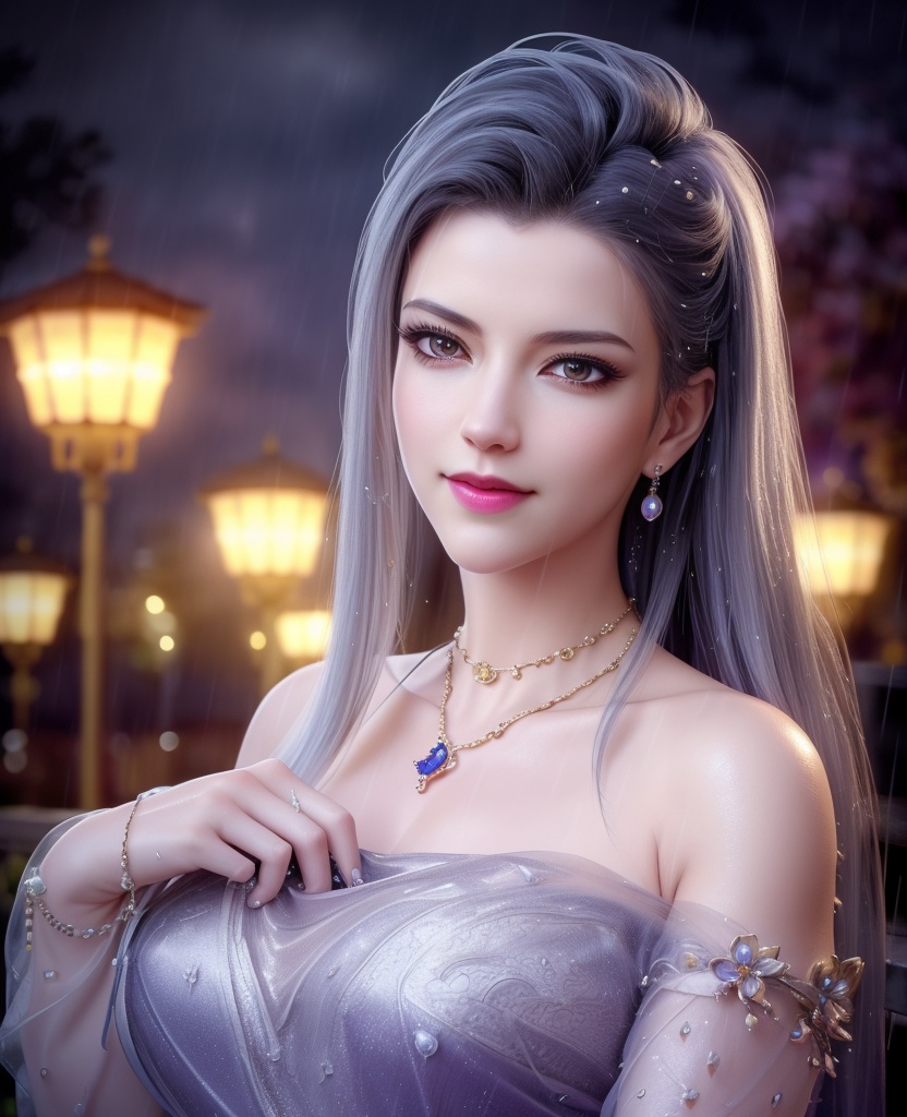 <lora:645-DA-超神学院-鹤熙:0.8>(,1girl, ,best quality, ),looking at viewer, ,ultra detailed 8k cg, ultra detailed background,  ultra realistic 8k cg,          cinematic lighting, cinematic bloom, (( , )),,  , unreal, science fiction,  luxury, jewelry, diamond, pearl, gem, sapphire, ruby, emerald, intricate detail, delicate pattern, charming, alluring, seductive, erotic, enchanting, hair ornament, necklace, earrings, bracelet, armlet,halo,masterpiece, (( , )),,  ,cherry blossoms,(((, night,night sky,lamppost,  ultra high res, (photorealistic:1.4), raw photo, 1girl, , rain, sweat, ,wet, )))(( , ))   (cleavage), (),