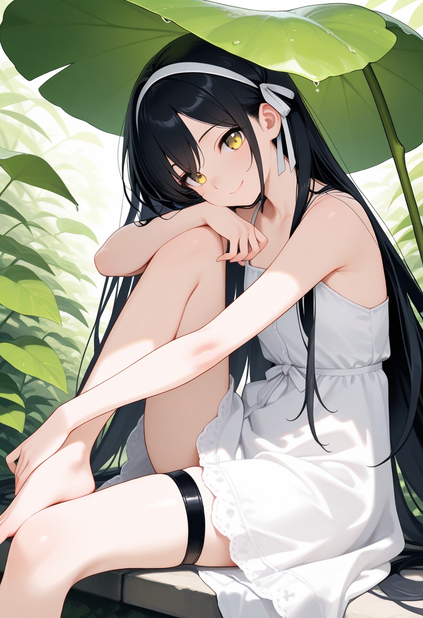 masterpiece,best quality,good quality,very aesthetic,absurdres,newest,(Perfect details),1girl,bare arms,barefoot,black hair,closed mouth,dress,foot out of frame,hair ribbon,knee up,leaf umbrella,long hair,outdoors,sitting,smile,solo,thigh strap,very long hair,white dress,white hairband,white ribbon,yellow eyes,looking at viewer,