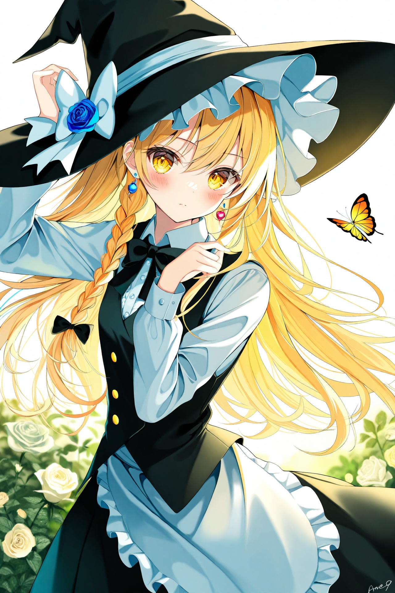 masterpiece,best quality,illustration,ultra detailed,hdr,Depth of field,(colorful),Artist ame929,1girl,hat,kirisame marisa,blonde hair,solo,yellow eyes,bug,witch hat,butterfly,long hair,braid,bow,flower,apron,black headwear,single braid,long sleeves,hair ornament,earrings,jewelry,white bow,hair flower,shirt,white shirt,closed mouth,hair between eyes,waist apron,white apron,black bow,white flower,hat bow,black skirt,blush,bowtie,skirt,black bowtie,looking at viewer,rose,hair bow,vest,black vest,frills,signature,buttons,hand on headwear,