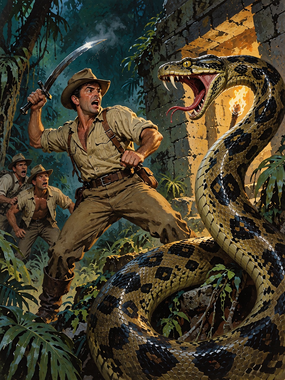 A jungle adventurer fighting a giant python beside a ruined stone temple,  terrified expedition members in the background,...