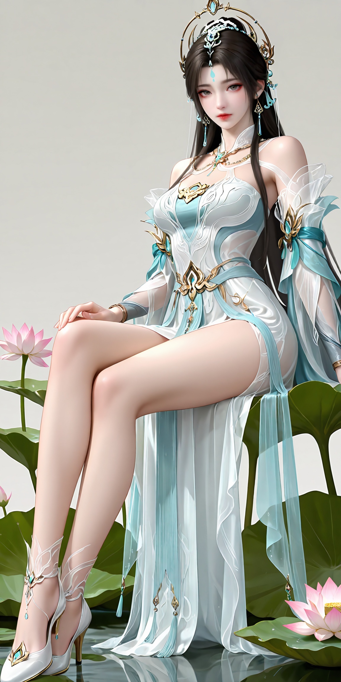 masterpiece,high quality,tall,game cg,highres,(soft light:1.2),white_skin,(shiny_skin:0.6),(realistic:1.1),lvjing,<lora:清漪·新建模ILL:0.6>,qingyi,1girl,solo,jewelry,upper body,long hair,earrings,hair ornament,forehead mark,dress,facial mark,white dress,closed mouth,looking at viewer,grey background,simple background,brown hair,black hair,legs,long legs,white footwear,full body,sitting,lotus,sitting on lotus,big lotus,