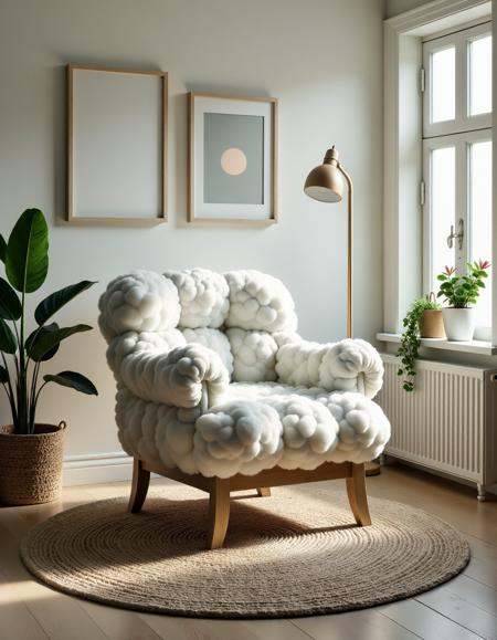 wooden chair in a living room made out of clouds on Tensor.Art