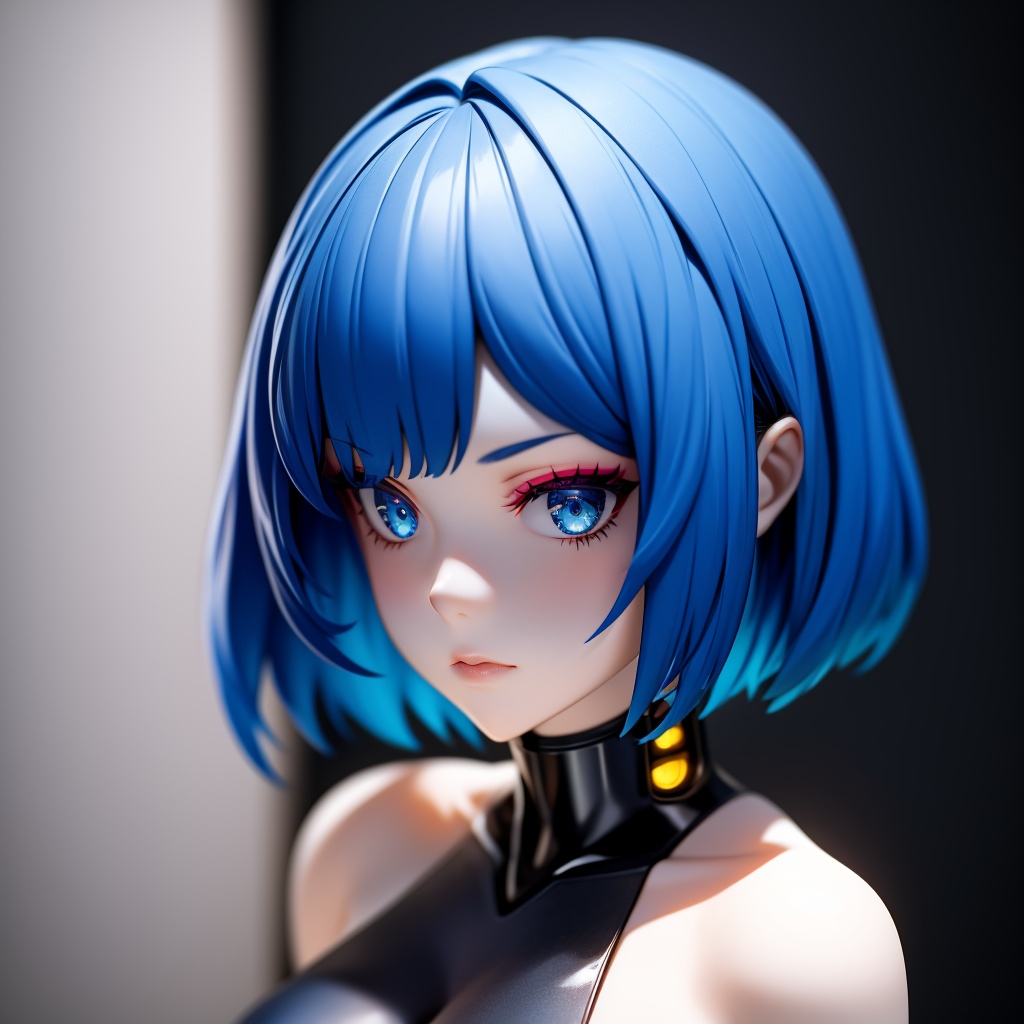 1girl, lucy \(cyberpunk\), solo, cyberpunk, looking at viewer, short hair, eyeliner, blue eyes, red eyeliner, makeup, blurry background, cyborg, bare shoulders, portrait, blurry, blue hair