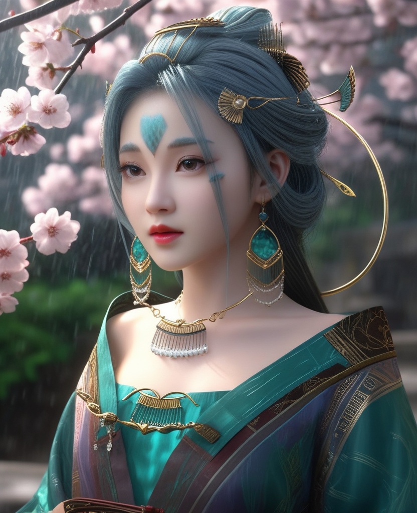<lora:571-DA-XL-眷思量-奉眠:0.8>(,1girl, ,best quality, ),looking at viewer,  ,,ultra detailed 8k cg, ultra detailed background ,ultra realistic 8k cg,          cinematic lighting, cinematic bloom, (( , )),,  , unreal, science fiction,  luxury, jewelry, diamond, pearl, gem, sapphire, ruby, emerald, intricate detail, delicate pattern, charming, alluring, seductive, erotic, enchanting, hair ornament, necklace, earrings, bracelet, armlet,halo,masterpiece, (( , )),, realistic,science fiction,mole,   ,cherry blossoms,,(((Best quality, masterpiece, ultra high res, (photorealistic:1.4), raw photo, 1girl, ,rain, , sunlight, sunset, qianqiu wanxia,     )))  (cleavage), (),