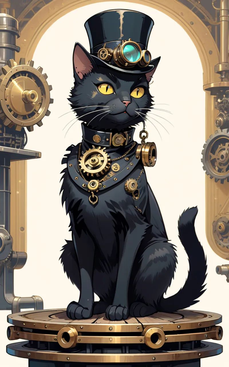 Illustration of a black cat with steam punk accessories,  wearing a top hat with gears and goggles,  a retro-futuristic co...