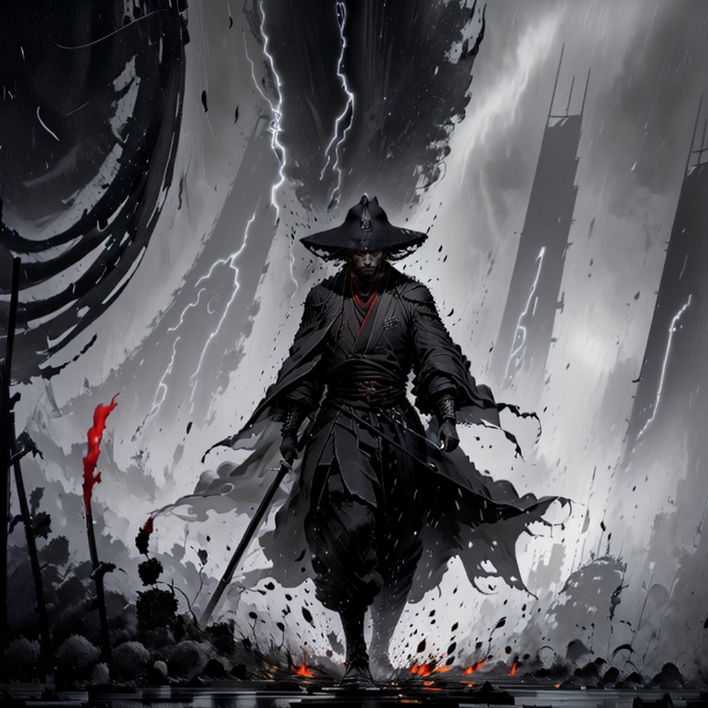 shuimo,<lora:**_v1.0:0.8>,revenge swordsman,the black robe is hidden,revenge on a rainy night,sword light is like a snake,a cold and piercing gaze,revenge flames,gray and dark rain curtain,cool tone with red light,decisive silhouette,diagonal escape,behind the scenes perspective tracking,