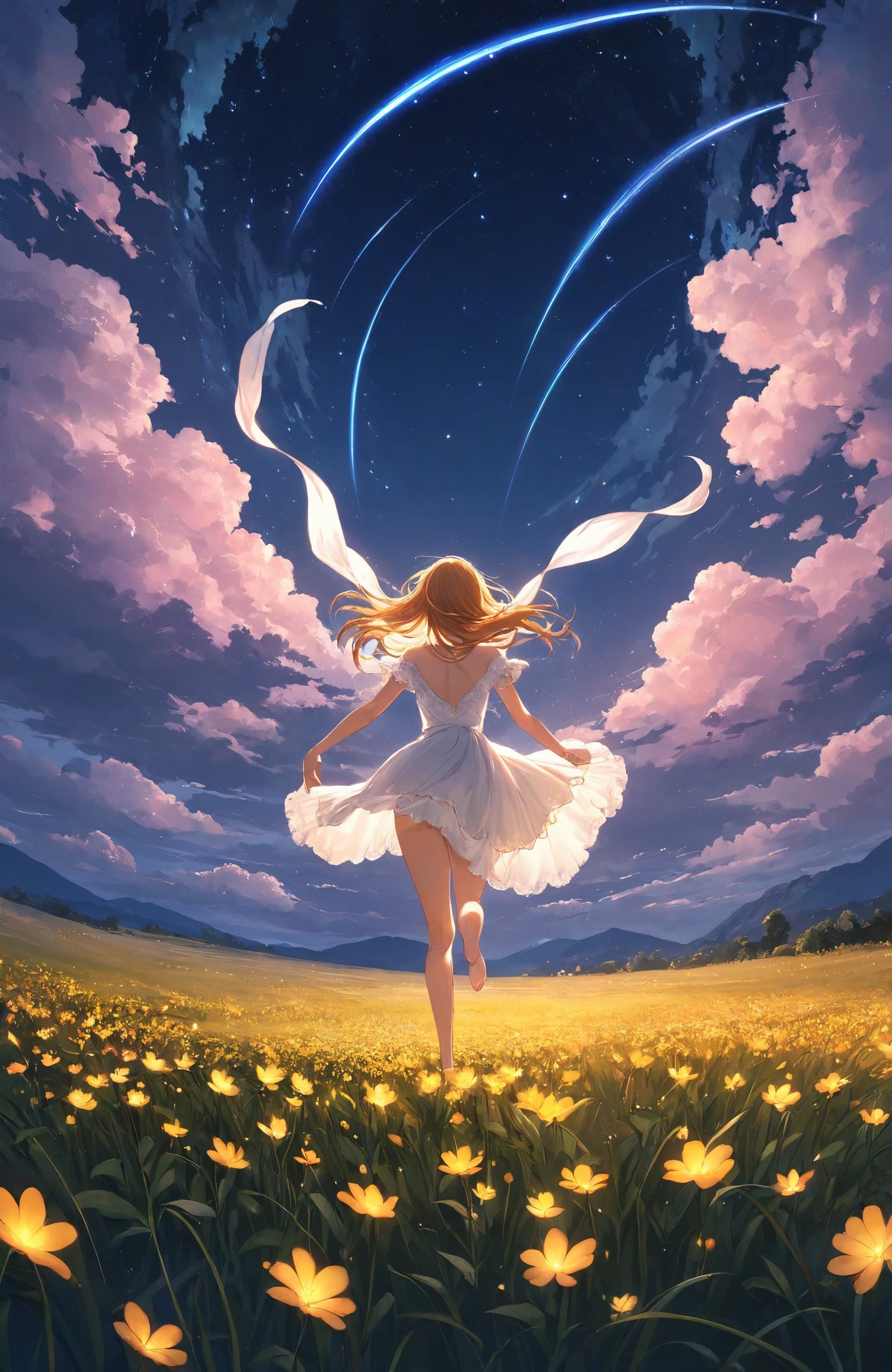"Fantasy Meadow, a girl running barefoot through a field of glowing flowers, her hair flowing in the wind, under a sky filled with shooting stars."