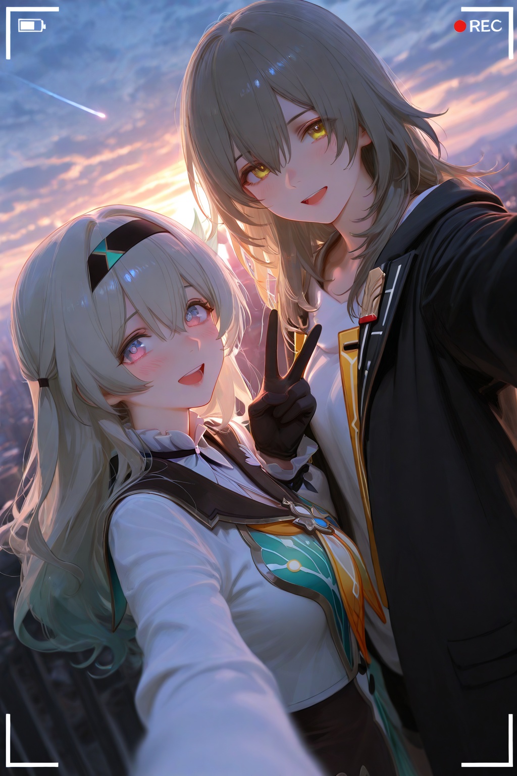 masterpiece,best quality,amazing quality,very aesthetic,absurdres,newest,movie perspective,2girls,firefly \(honkai: star rail\),stelle \(honkai: star rail\),reoen,ask \(askzy\),(mery \(yangmalgage\):0.9),(modare:0.9),(as109:0.8),(wlop:0.87),dutch angle,backlighting,black gloves,black hairband,black jacket,blush,cloudy sky,couple,grey hair,long hair,long sleeves,looking at viewer,multiple girls,open mouth,viewfinder,selfie,shooting star,smile,sunset,taking picture,v,white shirt,yellow eyes,cityscape,yellow neckerchief,white theme,bloom,vignetting,cinematic,depth of field,blurry background,