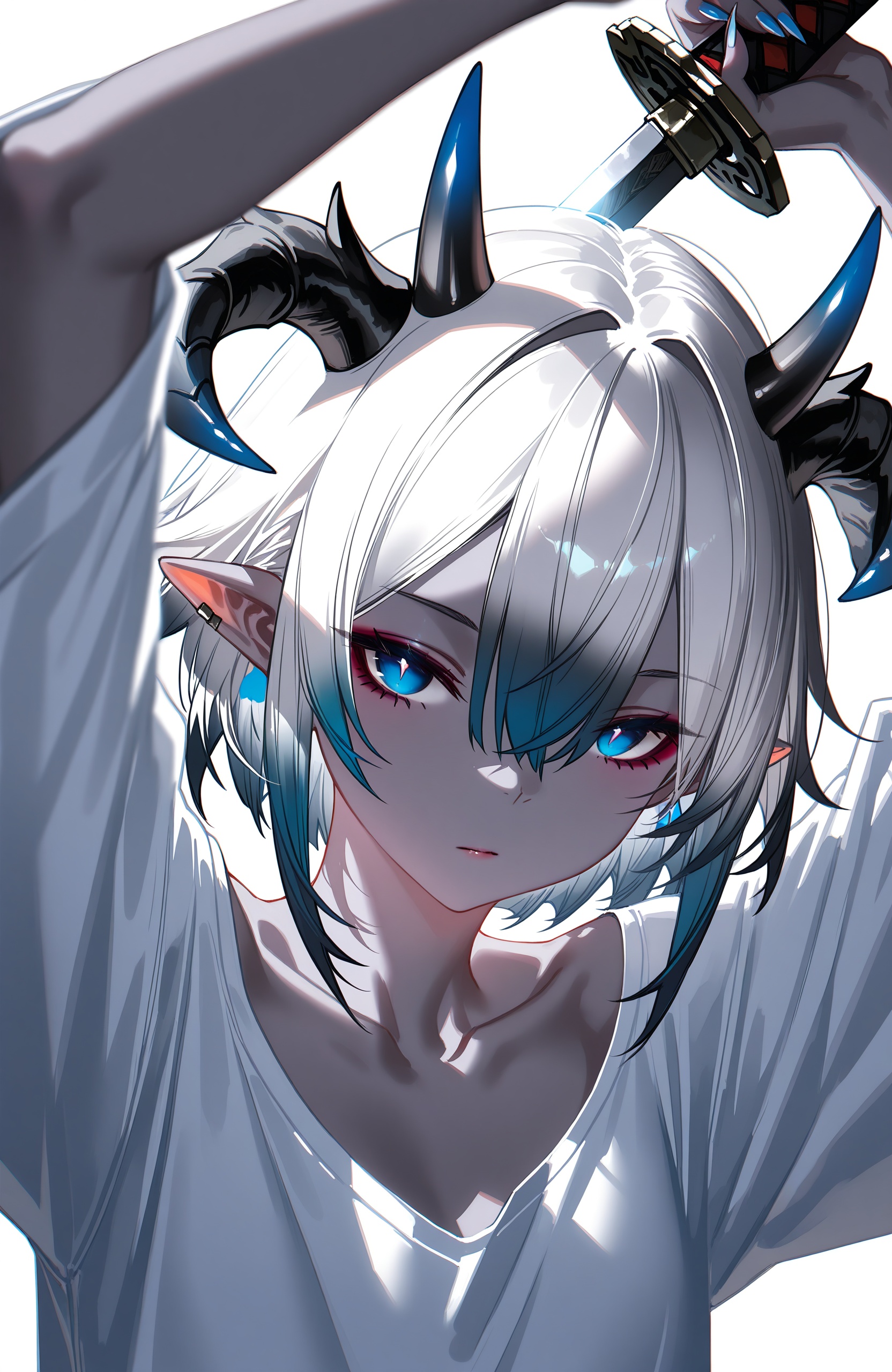 best quality,masterpiece,absurdres,newest,(qtian:1.3),(john kafka:1.2),( pottsness:1.1),(hxxg,ciloranko:0.9),(reoen),solo, 1girl, looking at viewer, short hair, blue eyes, simple background, white background, holding, hair between eyes, blue hair, upper body, white hair, weapon, multicolored hair, horns, pointy ears, sword, holding weapon, two-tone hair, arms up, sparkle, colored skin, holding sword, katana, claws, colored sclera, blue skin, sharp fingernails, grey skin, black skin, multiple horns , This is a digital drawing in an anime style, featuring a young, androgynous character with a striking, intense appearance. The character has pale, almost white skin, with short, tousled white hair that is partially colored in a vivid blue, adding a dynamic contrast. They have piercing blue eyes, lined with dark eyeliner, and small, pointed horns protruding from their forehead, indicating a possibly demonic or supernatural nature. The character is dressed in a dark, loose shirt that appears to be made of a heavy, possibly woolen material, which hangs off their shoulders, revealing part of their collarbones. They are holding a katana vertically in front of them, with their right hand gripping the hilt and their left hand resting on the blade. The katana is dark and sleek, with a black sheath.The character's facial expression is serious and focused, with their gaze directed directly at the viewer, creating a sense of engagement and intensity. Small blue sparkles float around their head, emphasizing their mystical and fierce aura. The background is a clean, solid white, making the character stand out prominently.