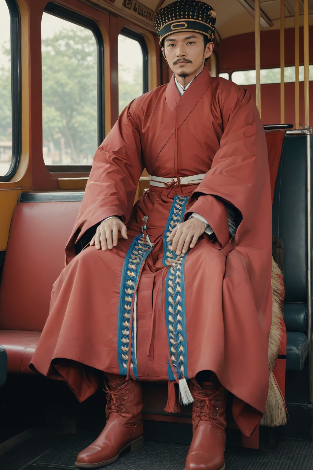 (masterpiece:1.3),(best quality:1.2),highres,sharp,photorealistic,realistic,UHD,1boy,solo,(pibianfu \(attire\):1),male focus,facial hair,sitting on bus,black hair,beard,full body,closed mouth,realistic,mustache,<lora:pibianfu3:1.2>,arms on hip,BREAK (fur-trimmed_boots:1.1),hands_in_opposite_sleeves,