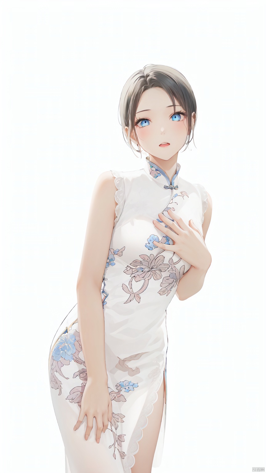 1girl, solo, short hair, black hair, white background, Blue eyes, white dress,chinese clothes, china dress, side slit, Medium breast,Cheongsam,——Clear hand contour,Hand intact,Five fingers of the hand are clear, loli, ((poakl))