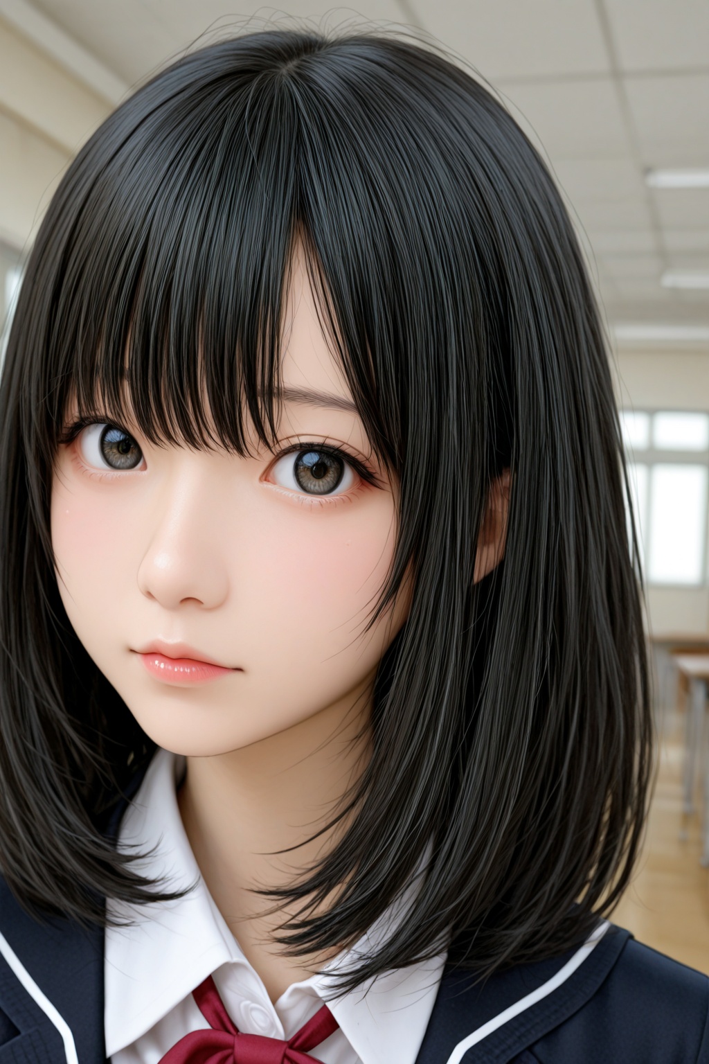 1girl,solo,looking at viewer,portrait,depth of field,school_uniform,black_hair,medium_hair,