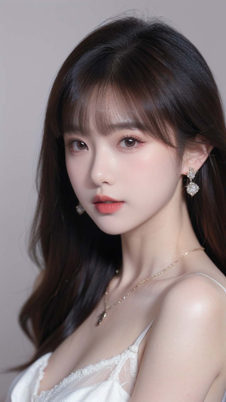<lora:meinv214:0.8>,1girl,solo,jewelry,realistic,brown hair,earrings,necklace,brown eyes,looking at viewer,long hair,dress,white dress,parted lips,upper body,lips,grey background,
