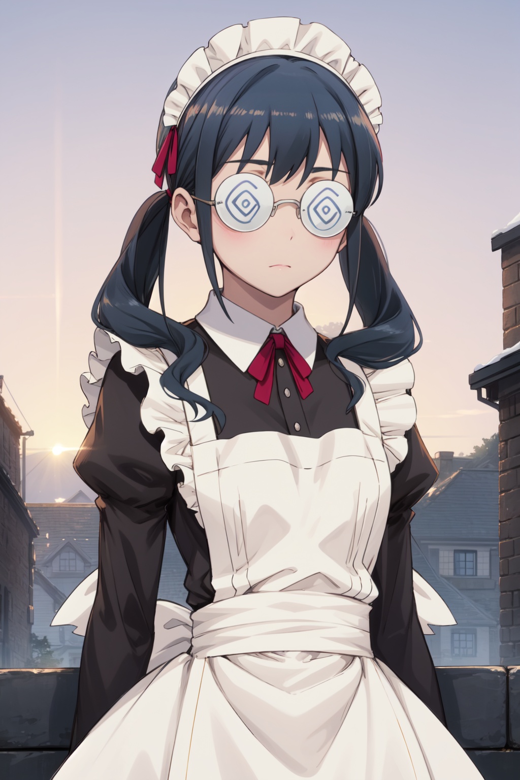 <lora:Saori-000014:0.8>,Saori cyql,1girl,looking at viewer,solo,twintails,black hair,long hair,glasses,@_@,round eyewear,coke-bottle glasses,maid,maid headdress,apron,teardrop,upper_body,beautiful face,beautiful eyes,glossy skin,shiny skin,Moorland, Mist, Stones, Ancient, History, Mystery, Serenity, Landscape,(Cherry blossoms, Magnolia trees, Park benches, Joggers, Urban skyline, Afternoon sun:0.5),beautiful detailed sky,beautiful detailed glow,posing in front of a colorful and dynamic background,masterpiece,best quality,beautiful and aesthetic,contrapposto,female focus,wallpaper,fashion,