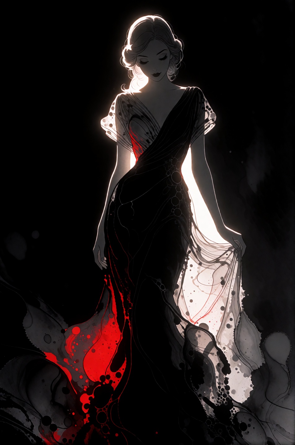 CartoonLadies style. A slender,  elegant young woman of European descent exudes a mysterious elegance and sensual aura wit...