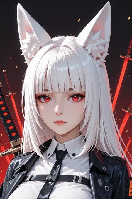 1girl,animal_ear_fluff,animal_ears,blunt_bangs,cen_\(cenll\),closed_mouth,collared_shirt,fox_ears,fox_girl,highres,hoshimi_miyabi,long_hair,looking_at_viewer,portrait,red_eyes,shirt,solo,sword,weapon,zenless_zone_zero