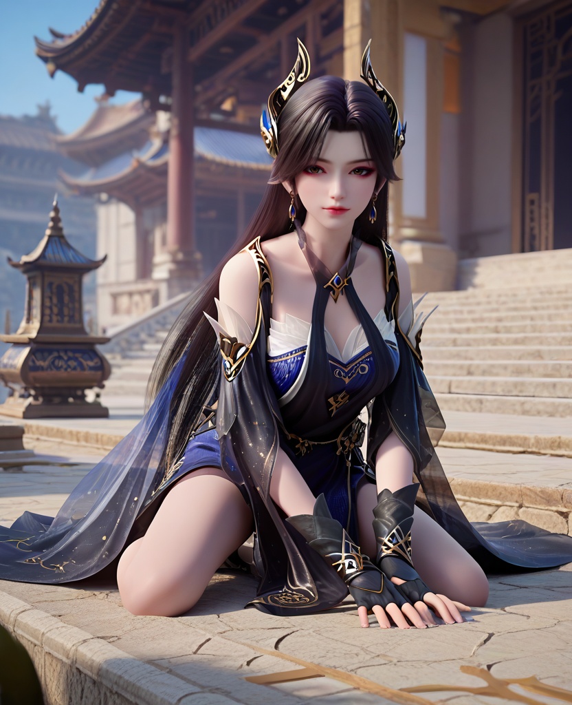 (oriental architecture, elegant decor, sophisticated style:1.1),(Kneeling down with hands resting on the thighs,:1.1),looking at viewer,(breasts:1.2),<lora:XL16斗破苍穹曹颖:0.95>,miss caoying,black dress,slip blue dress,brown eyes,red eyeshadow,black hair,very long hair,hair ornament,earrings,jewelry,fingerless gloves,black heels,, score_9,score_8_up,score_7_up,score_6_up,score_5_up,score_4_up,3d rendering,tag1,tag2, Cinematic Lighting,backlighting,, zPDXL3, zPDXL2,zPDXL, zPDXLxxx, zPDXLrl,