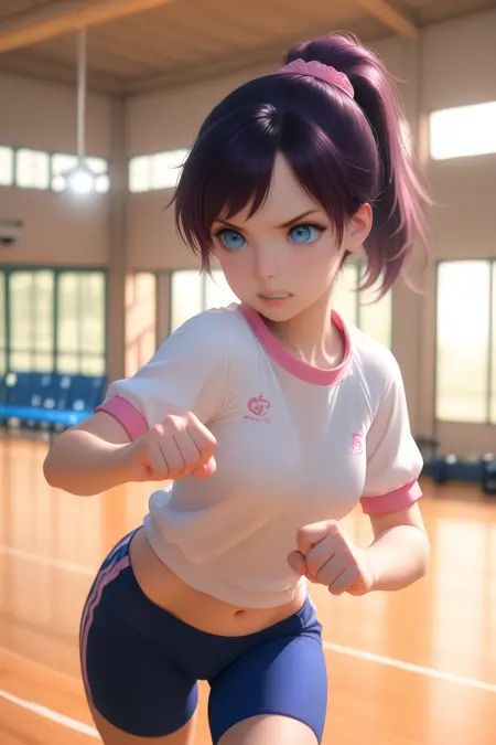 1girl, solo, athletic wear, high ponytail, minimal accessories, gym setting, focused lighting, active pose, determined expression, clean fitness background, masterpiece, best quality