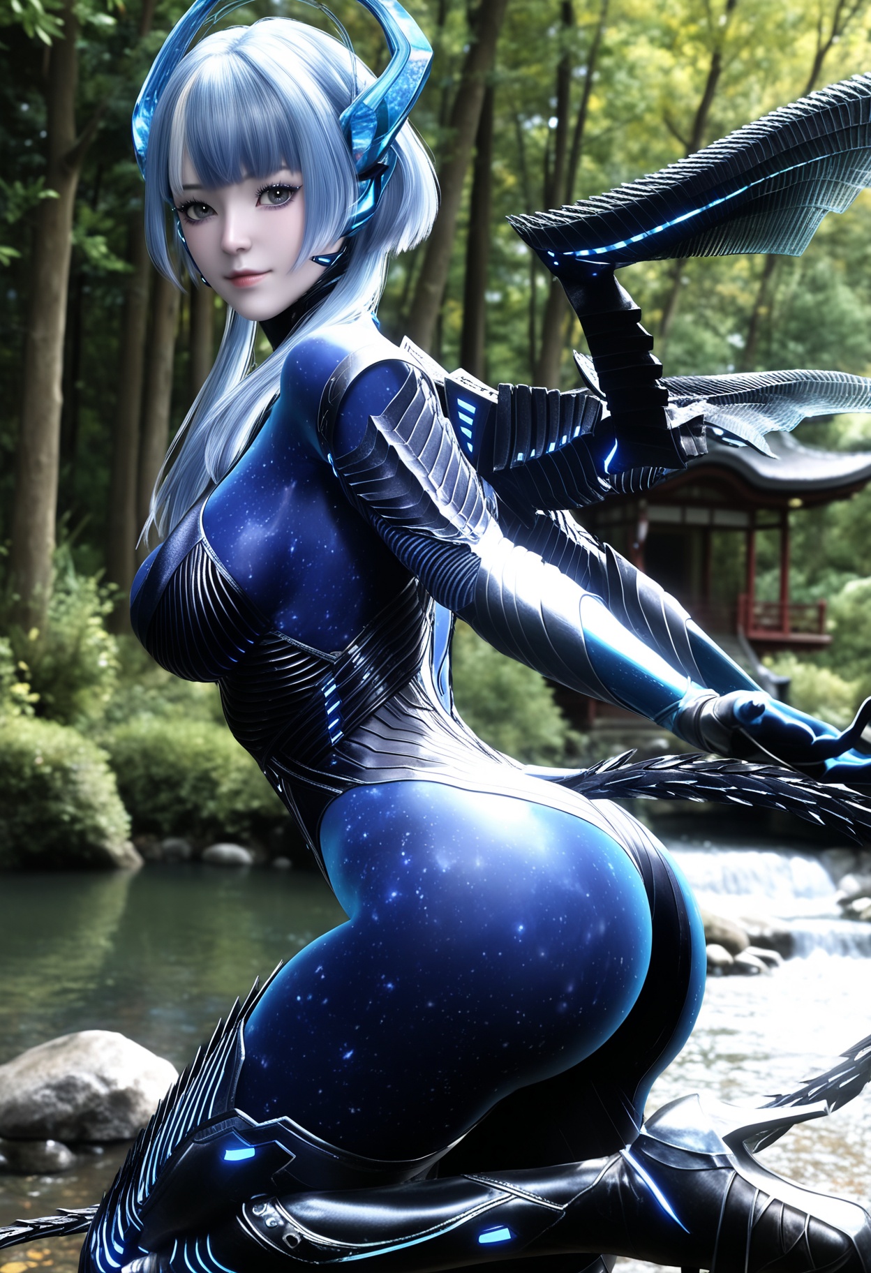 masterpiece,best quality,amazing quality,high resolution,ultra-detailed,absurdres,(looking at viewer:1.1),(moody lighting:1.1),forest,east_asian_architecture,stream BREAK large breasts,(huge ass:1.3),narrow waist,wide hips,babata,1girl,solo,blue hair,short hair,horns,bodysuit,blue eyes,wings,blue skin,blunt bangs,tail,short hair with long locks,sidelocks,grey hair,black eyes,armor,headgear,white hair,high heels BREAK photorealistic details,<lora:QQSillbabataV1:0.8>,