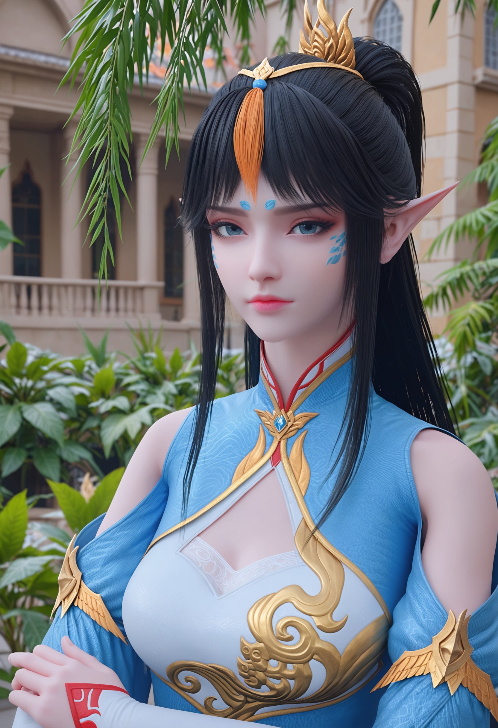 score_9,<lora:YQponyfengqingerV2:0.8>,q1528437228,solo,1girl,black_hair,pointy_ears,long_hair,dress,facial_mark,hair_ornament,bangs,clothing_cutout,blue_dress,chinese_clothes,elf,blue_eyes,cleavage_cutout,ponytail,bare_shoulders,thighhighs,colored_skin,detached_sleeves,blue_skin,white_dress,forehead_mark,horns,single_horn,sidelocks,white_thighhighs,shoulder_cutout,black_eyes,blue_footwear,blue_hair,glowing,parted_bangs,china_dress,socks,BREAK score_9,portrait,1girl,solo,fair_skin,white_skin,shiny_skin,shiny,Ivory_skin,(looking at viewer:1.1),(Fantasy castle surrounded by a moat and lush greenery:1.3),