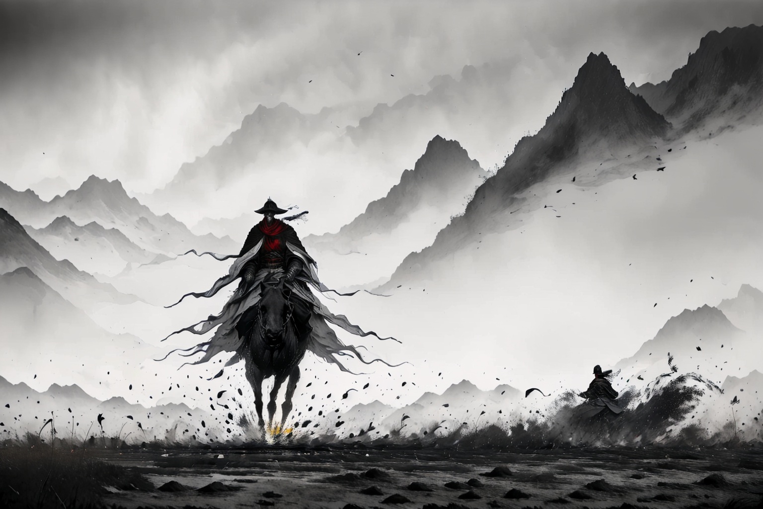 shuimo,<lora:**_v1.0:0.8>,female general,red tassel cloak,ancient battlefield twilight,riding a horse and wielding a sword,amidst the flames of war and flames,ink and wash rendering,cold and warm intertwined,the setting sun reflects the shadow of the sword,brave duel,distant mountain background,cross lines,grayscale,monochrome,black and white ink painting scroll,