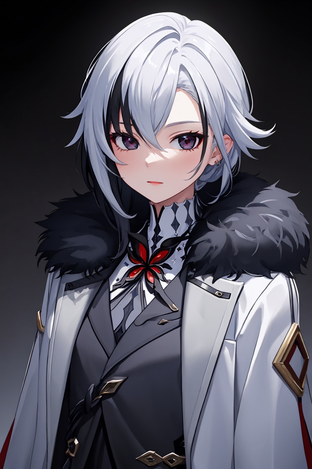 masterpiece,best quality, highly detailed, 1girl,arlecchino (genshin impact),fur-trimmed coat,looking at viewer,solo,upper body,closed mouth,white coat,<lora:arlecchino_(genshin_impact):1>