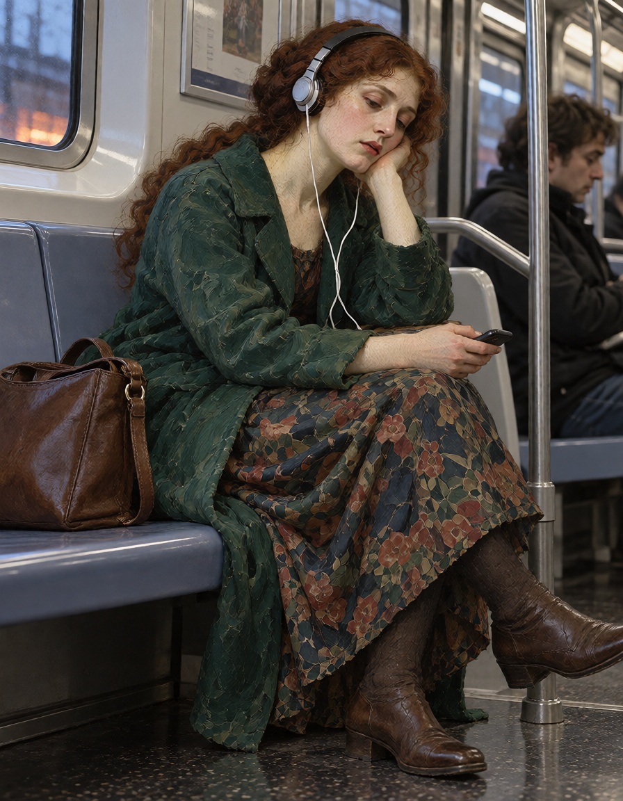 A Pre-Raphaelite woman listening music in her headphones very tired seated on the subway on Tensor.Art