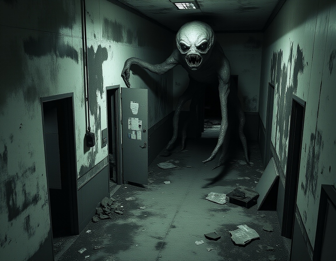cctv footage of a horror monster,  sneaking around in an abandoned building on Tensor.Art