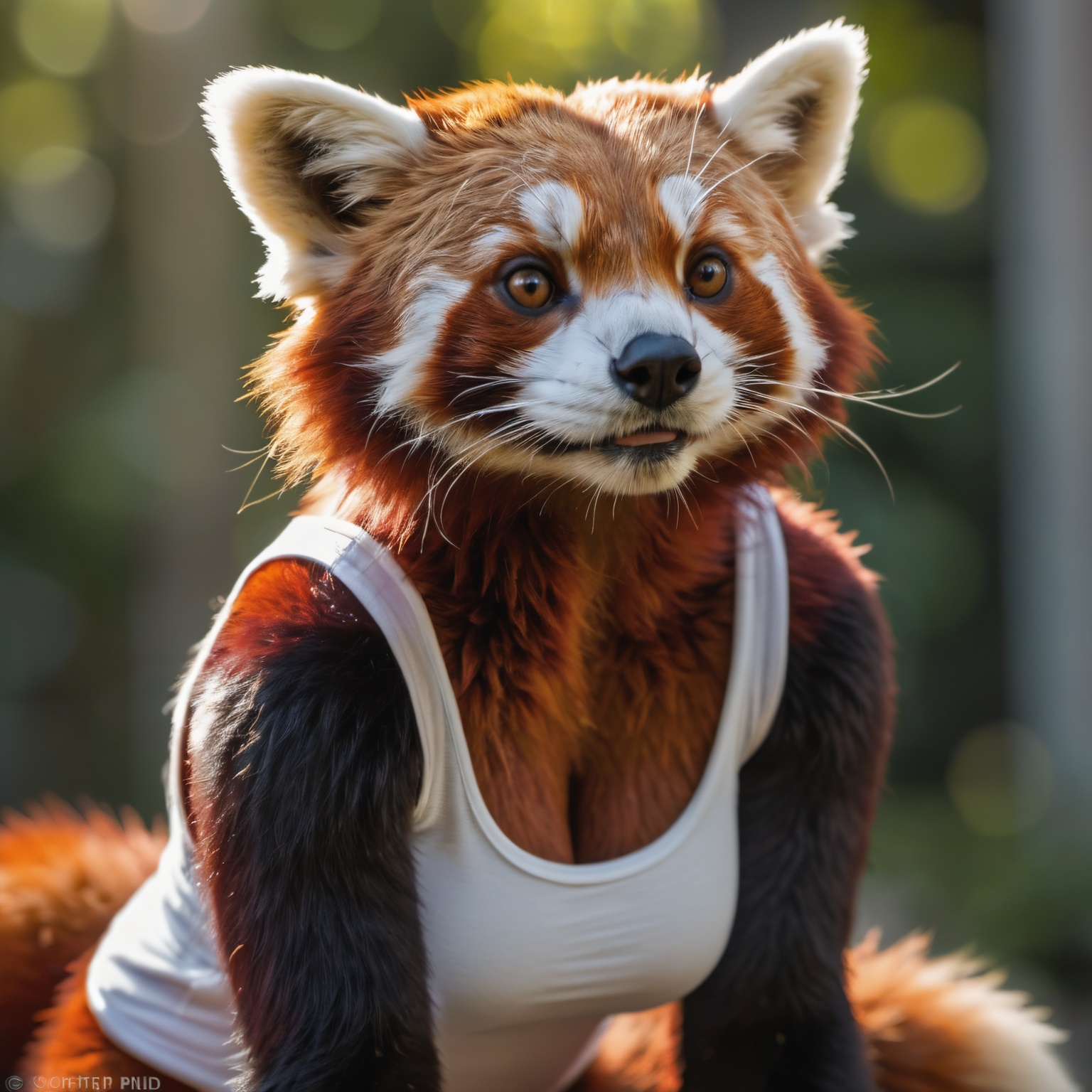 Closeup photo upper body of an anthro furry red panda female fluffy full realistic body fur ,  paws,  paw pads towards vie...