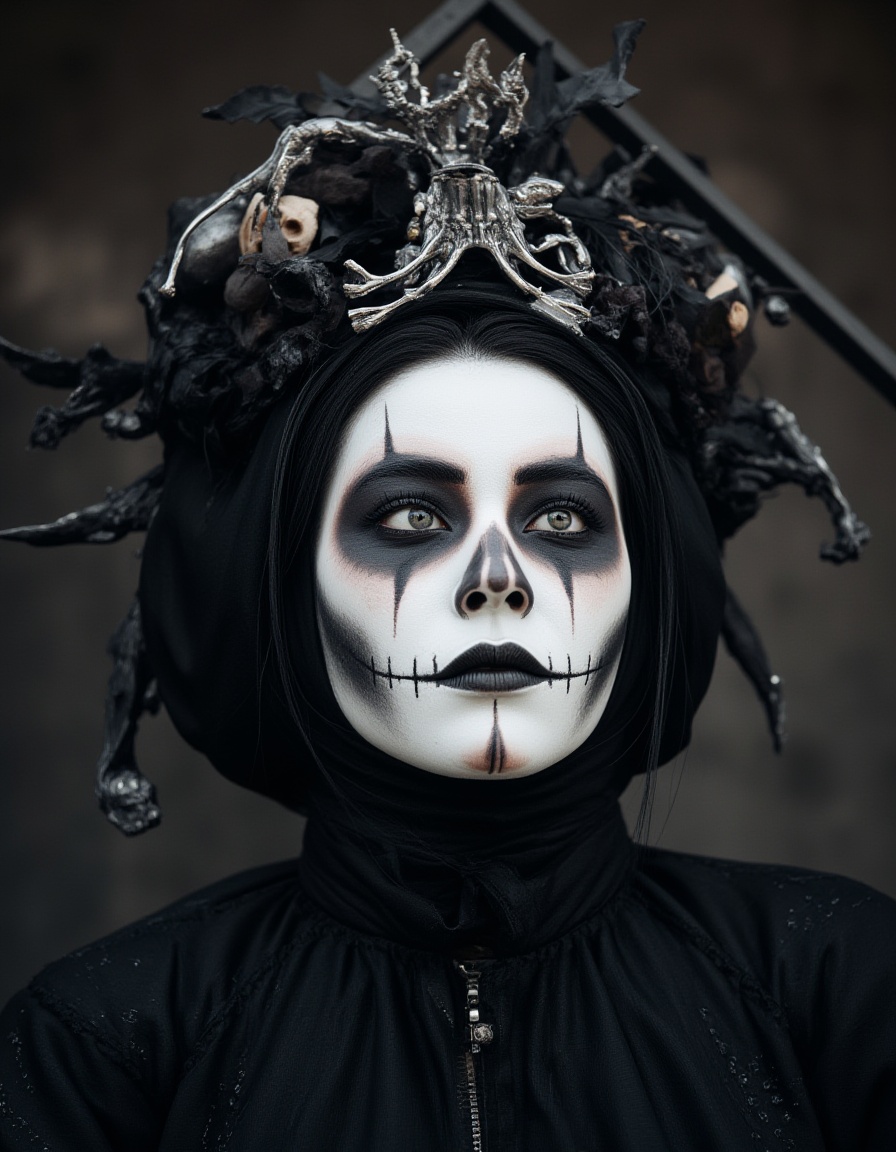 a woman with a white face and black hair and a white mask and a black and white dress and a white and black headpiece with a skull headdress and a black and a white face and a black and a white mask and a black and a black and a white face and a black and a black and a white and a black and a white face and a black and a black and a white and a black and a black and a white face and a black and a black and a white and a black and a black and a white and a black and a black and a white and a black