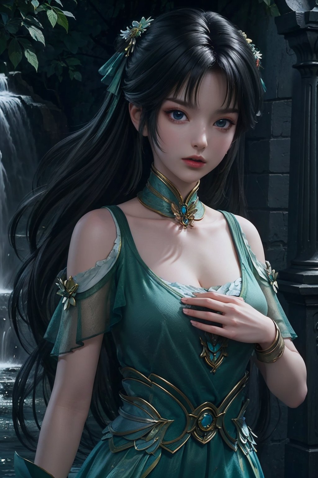 masterpiece,best quality,official art,extremely detailed CG unity 8k wallpaper,1girl,cowboy shot,hand on own chest, waterfall,<lora:碧瑶:0.6>,