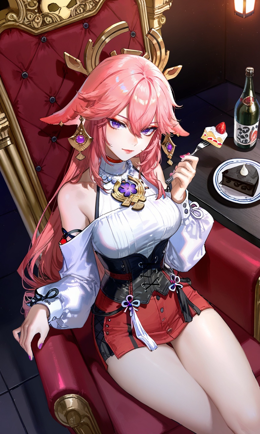 yae miko,pink hair,purple eyes,<lora:碧蓝航线立绘12·ILL:0.8>,lihui,official alternate costume,1girl,sitting,solo,breasts,jewelry,throne,earrings,looking at viewer,chair,bare shoulders,medium breasts,makeup,lips,nail polish,necklace,dress,thighs,corset,(quasarcake:0.7),dutch angle,(cowboy_shot:1.2),from_above,holding,cake,fork,(izakaya:1.1),