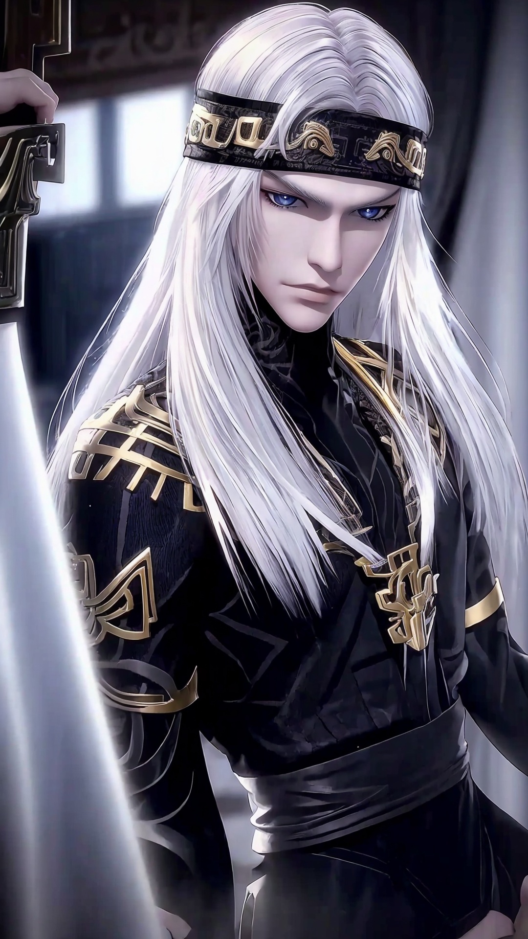 1boy,male focus,solo,headband,white hair,armor,long hair,looking at viewer,curtains,grey eyes,<lora:Weizhuang man Boy Handsome boy_20240829170049:0.8>,full_shot,incredibly absurdres,wallpaper,moody lighting,<lora:MN:0.4>,