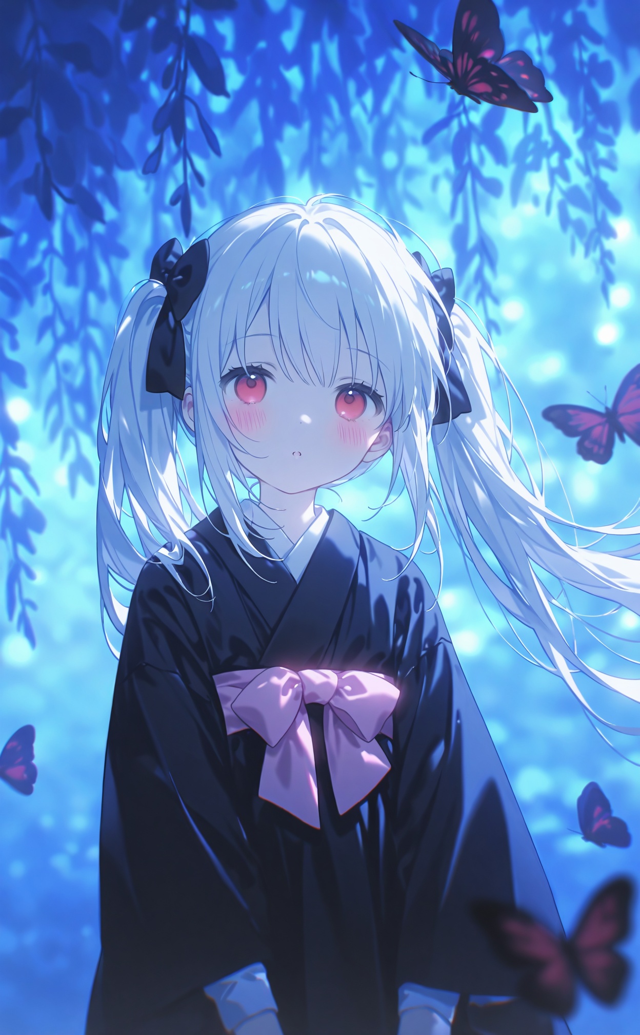 masterpiece,best quality,high quality,loli,chromatic_aberration,Blue Theme,artist:konya_karasue,//,loli,konya,1girl,solo,long hair,looking at viewer,blush,bangs,red eyes,long sleeves,bow,twintails,very long hair,upper body,white hair,hair bow,parted lips,japanese clothes,kimono,blurry,:o,black dress,black bow,floating hair,depth of field,animal,bug,pink bow,butterfly,black kimono,