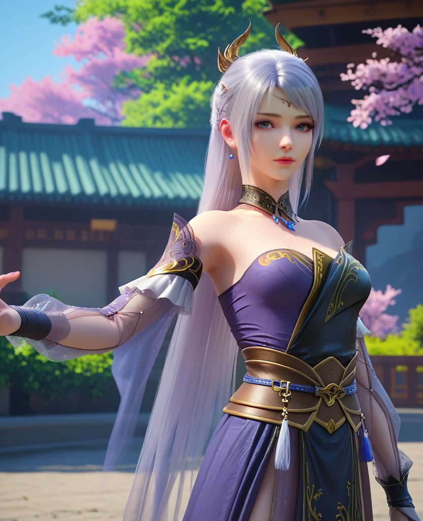 (oriental architecture, elegant decor, sophisticated style:1.1),bunny pose,(breasts:1.2),pelvic curtain,<lora:XL16大主宰洛璃:0.95>,miss luoli,purple short dress paired with black peplum overskirt,blue eyes,white hair,long hair,half-up ponytail with long cascading hair,hair ornament,detached collar,sash,, zPDXL2, score_9, score_8_up, score_7_up BREAK realistic, masterpiece,best quality, highly detailed,, zPDXL3, zPDXL2,zPDXL, zPDXLxxx, zPDXLrl,