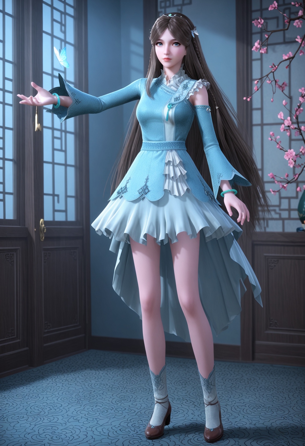 (standing full_body:1.1),(looking at viewer:1.1),masterpiece,(best quality),smog,Dark room,dim lighting,peach blossom,falling petals,<lora:YQ_Illustrious光辉v5_宁荣荣_V1:0.8>,q1528437228,1girl,solo,long hair,brown hair,hair ornament,dress,blue eyes,blue dress,braid,tiara,detached sleeves,long sleeves,black hair,jewelry,bracelet,butterfly hair ornament,very long hair,green dress,skirt,brown eyes,shoes,necklace,blonde hair,hairband,asymmetrical sleeves,gem,chinese clothes,pantyhose,gloves,grey hair,thighhighs,shorts,sleeveless,socks,