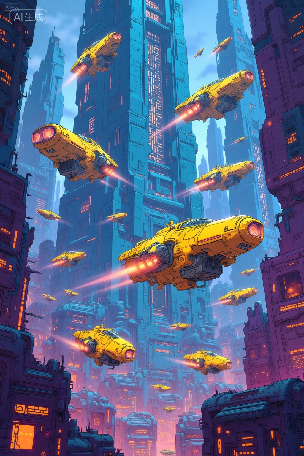 This is a vibrant,detailed digital illustration in a cyberpunk style. It depicts a futuristic cityscape filled with flying,neon-lit,yellow and orange spacecraft. The background features towering,intricate,blue and purple skyscrapers with glowing windows. The scene is dynamic,with various angles and perspectives,evoking a sense of high-tech,advanced civilization.,, Negative prompt: ng_deepnegative_v1_75t,(badhandv4:1.2),EasyNegative,(worst quality:2),,nsfw, Steps: 20, Sampler: Euler, CFG scale: 3.5, Seed: 3876648323, Size: 1024x1536, Model hash: 8cba4f1ef4, Model: F.1基础算法模型-哩布在线可运行_F.1-dev-fp8.safetensors, Denoising strength: 0, RNG: CPU, Lora 1: 56756879, Lora Hash 1: 6dc067ab07, Lora Weight 1: 0.8, vae_name: automatic