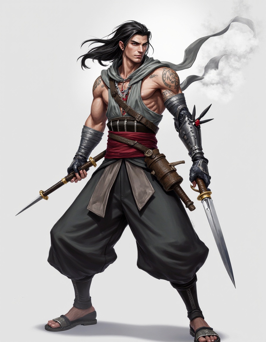 (1girl:1.3),jijia,Oriwarrior,CUTE,streamlined mecha,sword,holding,holding a knife,realistic,solo,polearm,male focus,hood,holding weapon,dancing with a knife and a gun,kung fu,weapon,sword,(((tattoo))),smoke,looking at viewer,sheath,sleeve sword,holding weapon,cigarette,pants,scar,simple background,(single mechanical arm:1.6),(movement posture,combat posture:1.2),wind,(flying clothes:1.4),assassin's creed \(series\),((assassin hood)),(fluttering scarf),masterpiece,best quality,unreal engine 5 rendering,movie light,movie lens,movie special effects,detailed details,HDR,UHD,8K,CG wallpaper