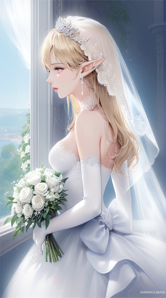 (best quality), ((masterpiece)), (highres), illustration, original, extremely detailed,<lora:DDCXL:0.7>1girl, dress, solo, gloves, flower, wedding dress, elbow gloves, veil, bouquet, blonde hair, breasts, bare shoulders, bridal veil, white gloves, pointy ears, white dress, profile, bride