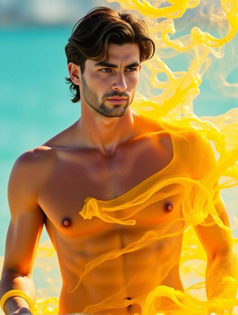 Ferran Torres ,  shirtless . 3d rendering for a realistic. dimensional representation. a focused light with a colored filt...