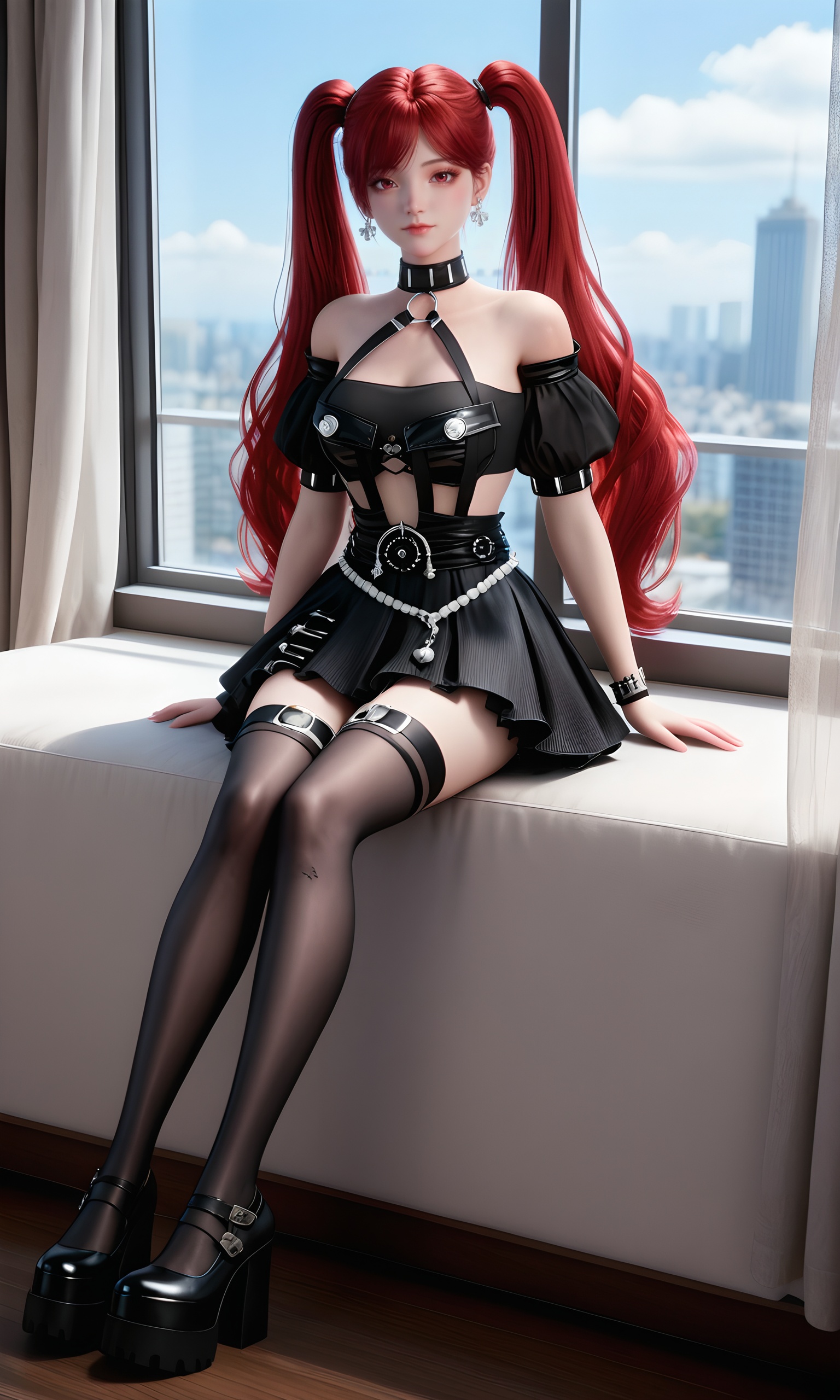 <lora:王牌竞速-神剑号车姬Pony:0.7>,1girl,long,vibrant red hair,twintails,provocative,gothic-inspired outfit,black,off-the-shoulder crop top,cutouts,short,pleated mini skirt,choker,belt adorned with silver chains,thigh-high stockings and black high-heeled shoes,, 1girl,solo,sitting,window,frills,sky,cloud,indoors,cityscape,closed_mouth,sun,looking at viewer,