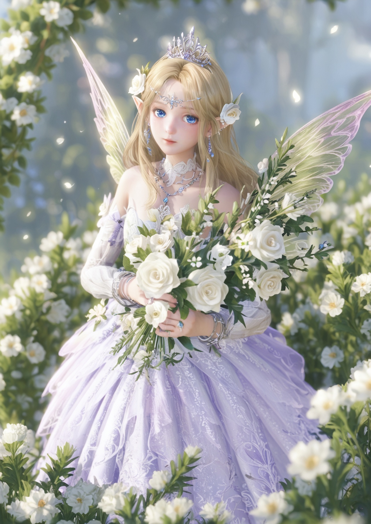score_10,score_9,score_8_up,score_7_up,1girl,Nikki,jewelry,solo,flower,blurry background,wings,blurry,dress,holding,blue eyes,bouquet,ring,long hair,earrings,detached sleeves,white dress,looking at viewer,holding flower,blonde hair,necklace,bare shoulders,holding bouquet,bracelet,fairy wings,hair ornament,tiara,white flower,beads,fairy,depth of field,
