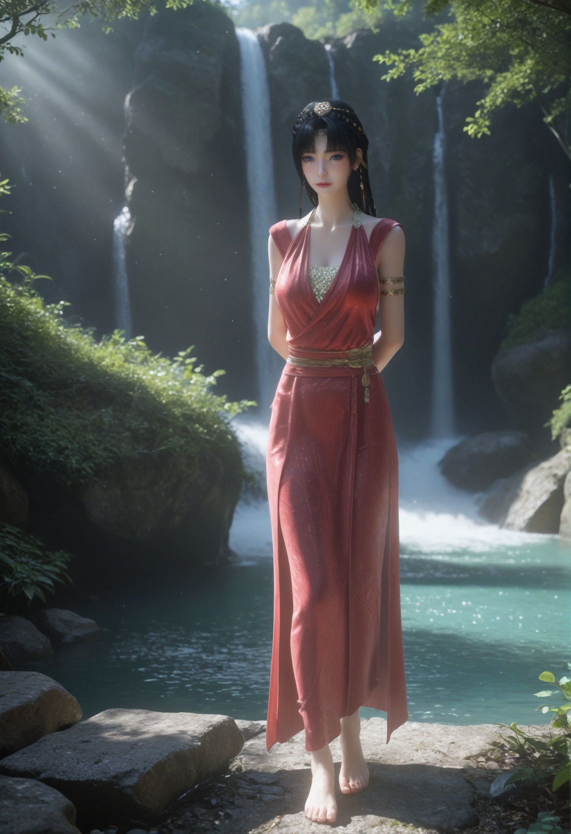 (score_9),full body,barefoot,<lora:研丽-Apony:0.86>,yanli,solo,black hair,braid,hair ornament,armlet,freckles,blue eyes,bangs,sleeveless dress,looking at viewer,(arms_behind_back),1girl,skinny,mature,glamor,collarbone,large breasts,outdoors,waterfall,light rays,light particles,softened light,<lora:perfect-eyes:0.8>,<lora:e色温:0.5>,<lora:Expressive_H:0.8>,<lora:e肤色滑块:0.5>,<lora:SkinRealityOrg_ponyv6_loraplus:0.2>,real skin,