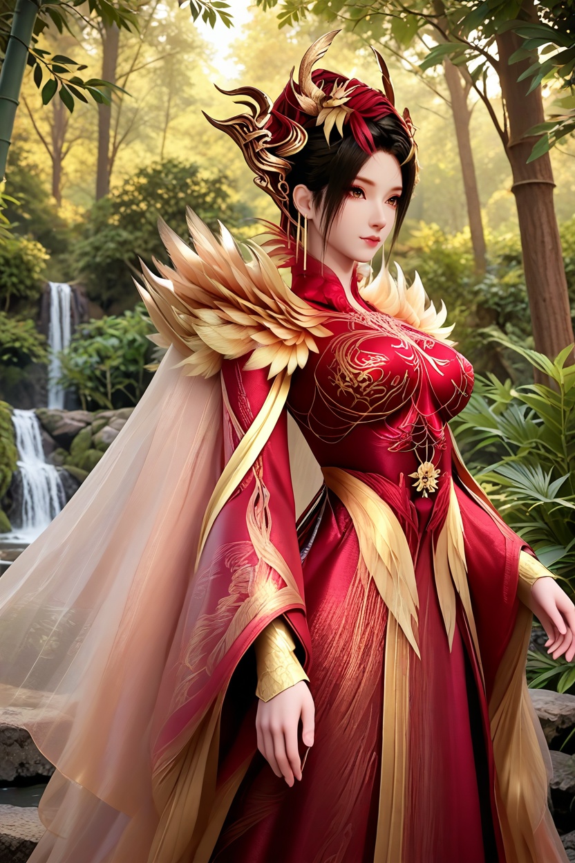 Leaning against a stone fountain in a romantic courtyard, she becomes the epitome of timeless love,<lora:XL16神国之上神子娘娘:1.05>,1girl,red corset gown,brown eyes,black hair,red streaked hair,hair ornament,yellow feathers capelet,white cape train,wide flowing sleeves,(large breasts:1.2),bamboo forest,water,river,stone,, score_9,score_8_up,score_7_up,score_6_up,score_5_up,score_4_up,3d rendering,tag1,tag2, Cinematic Lighting,backlighting,