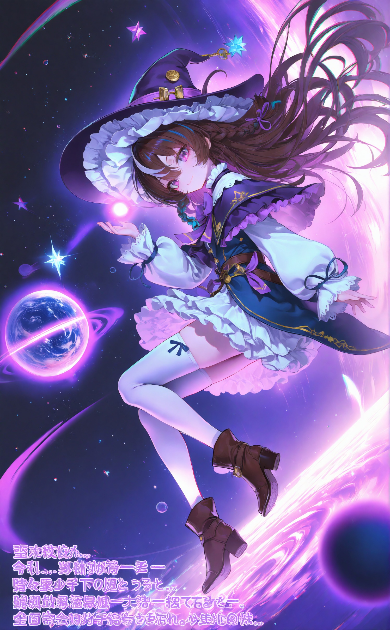masterpiece,very aware,highres,absurdres,newest,best quality,loli,petite,high quality,chromatic_aberration,cinematic_angle,dutch angle,//,1girl, solo, witch hat, long hair, braid, hat, thighhighs, boots, brown hair, high heel boots, white thighhighs, purple eyes, twin braids, looking at viewer, purple headwear, dress, high heels, witch, long sleeves, very long hair, ribbon, full body, star (symbol), blue ribbon, weibo username, purple theme, star (sky), watermark, purple capelet, frills, closed mouth, multicolored hair, capelet, from side, streaked hair, weibo logo, skirt, hat ornament, bubble, smile, frilled hat, floating hair, puffy sleeves, shirt, moon, artist name, floating, ankle boots, hair ribbon, planet, magic, blue dress, white shirt, orb, blue hair, purple dress, white skirt, leg up, purple ribbon, chinese text, hair between eyes, bow, hand up, breasts, brown footwear<lora:Komachan:1>