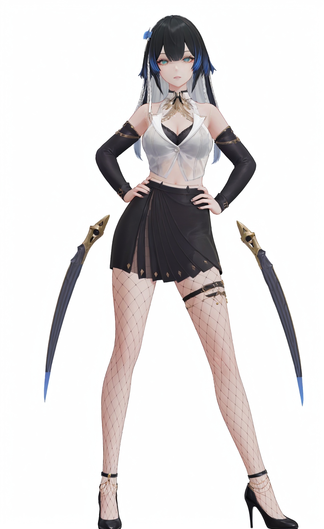 score_9, score_8_up, score_7_up, 8k, best quality, masterpiece, (ultra-detailed), (high detailed skin), (white background:1.6), (full body:1.2), (white background), standing, looking at viewer, (solo:1.2), hands on hips, <lora:Katya-v100:0.8>, Katya, 3rd clothes, mishu, 1girl, fishnets, skirt, breasts, black hair, multicolored hair, black skirt, long hair, high heels, (beautiful_face), ((intricate_detail)), clear face, ((finely_detailed)), fine_fabric_emphasis, ((glossy)), full_shot, 