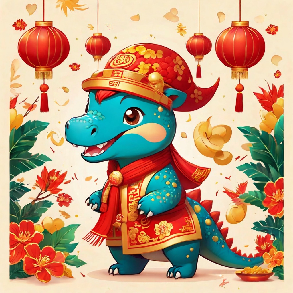 celebrating Chinese New Year. Design the dinosaur character to be adorable and in high spirits for the occasion. Use a color palette that includes traditional Chinese New Year colors like red and gold. Depict the dinosaur engaging in typical New Year's festivities, such as wearing a festive hat, holding Chinese lanterns, or enjoying traditional treats. Ensure the illustration radiates joy and celebration, making it suitable for use in greeting cards or social media posts.(poakl cartoon newyear style:1.5),best quality,masterpiece,<lora:poaklSDXLcartoonnewyearV2-000007:0.6>,