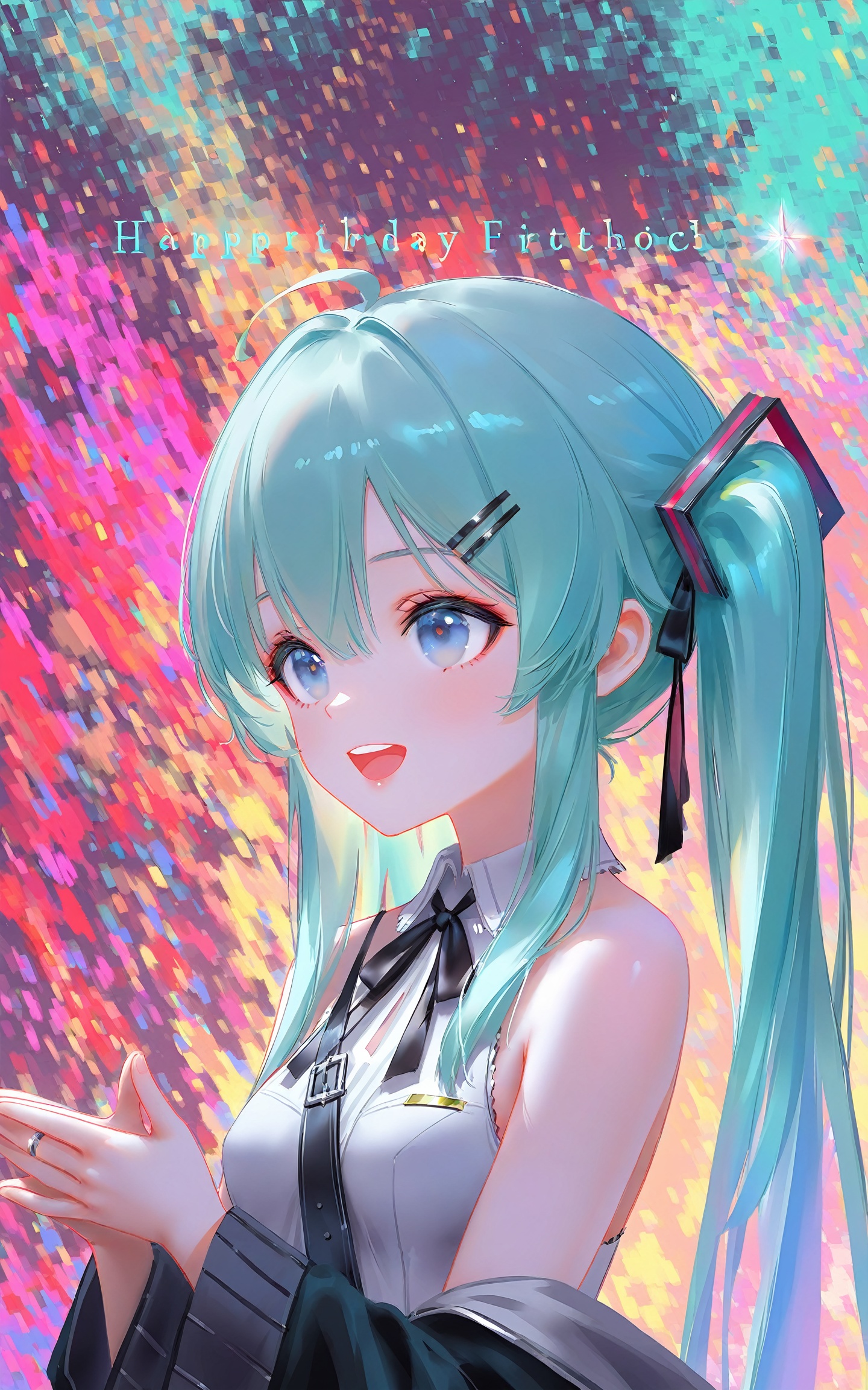1girl, solo, long hair, smile, open mouth, blue eyes, hair ornament, bare shoulders, twintails, blue hair, upper body, hairclip, character name, aqua hair, own hands together, happy birthday, hatsune miku ,(Tyndall Effect 1.4), (wlop:0.6),((artist:reoen),Majo no Tabitabi,[artist:wlop],[artist:ningen_mame],artist:ciloranko,[[artist:rhasta]],artist:tidsean,colorful,best quality,very aesthetic,absurdres,32K UHD,sharp focus,best-quality,Emotionalization,temperate atmosphere,with a high-end texture,in the style of fashion photography,Dynamic, dynamic force picture, (Visual impact:1.2),impactful picture,offcial art