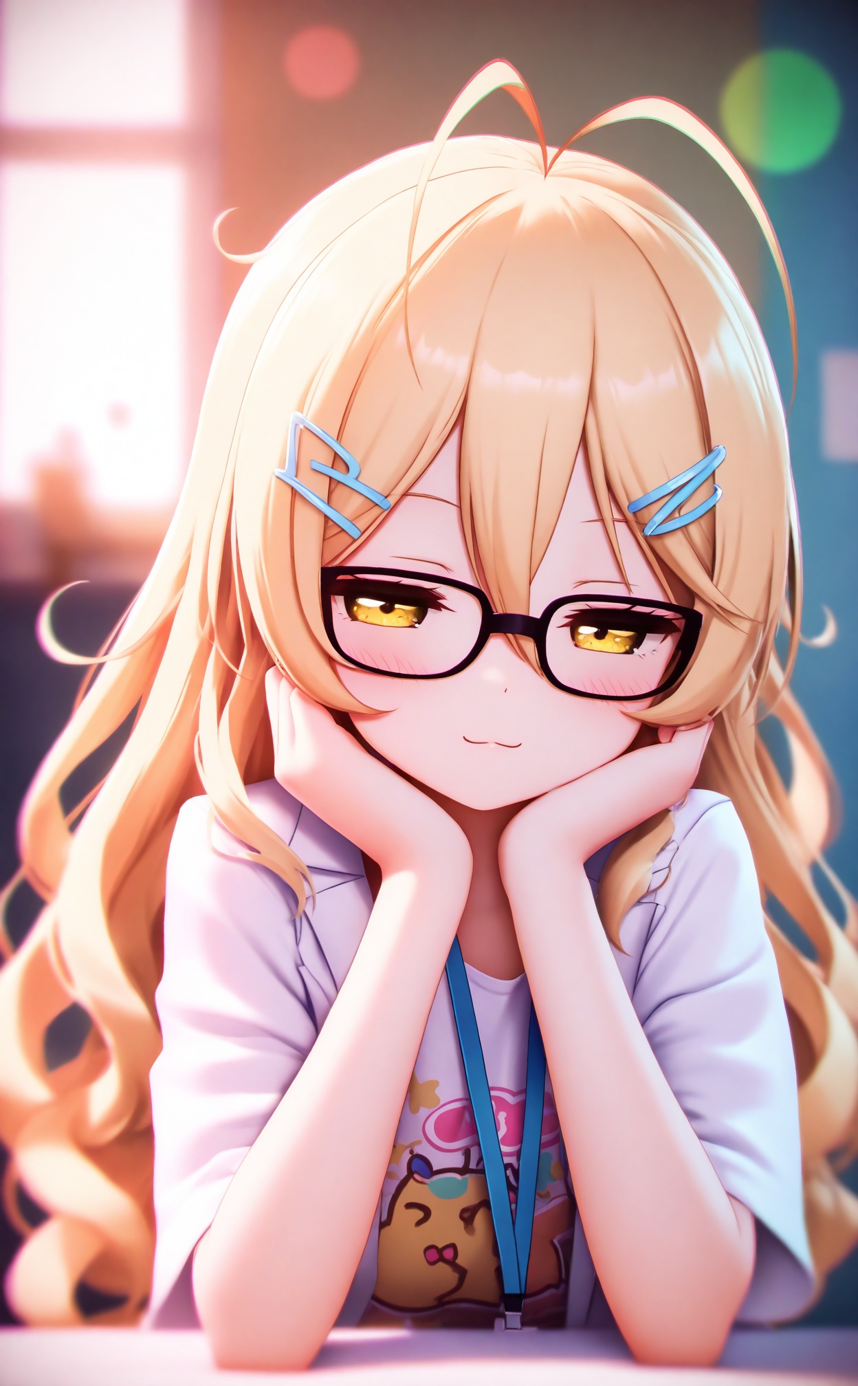 masterpiece,absurdres,best quality,loli,petite,high quality,chromatic_aberration,//,1girl,solo,petite,loli,long hair,long wavy curly hair,blonde_hair,yellow_eyes,antenna hair clips,bangs,hair between eyes,lab coat,focus,hands on own face,head rest,t-shirt,hands on own cheeks,closed mouth,half-closed.eyes,lanyard,black-framed eyewear,elbows on table,blurry,short sleeves,upper body,smile,:3,(8 years old girl with the flowing hair),(cute atmosphere),//,Depth of field,(colorful),hdr,Tyndall effect,depth of field,Tyndall Effect,blurry,blurry_background,depth_of_field,bokeh,glowing,//,<lora:MMDguangwuran6——【noob】hans:0.9>,