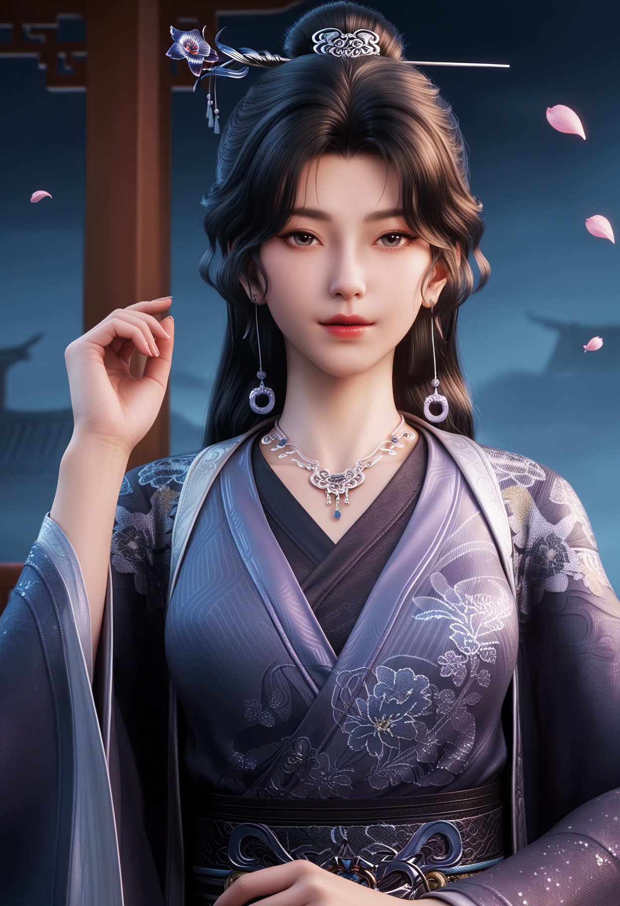 masterpiece,best quality,amazing quality,high resolution,ultra-detailed,absurdres,(looking at viewer:1.1),upper body,(Dark room:1.3),(moody lighting:1.1),peach blossom,falling petals,(large breasts:0.8),tszhanglao,1girl,solo,black hair,long hair,chinese clothes,hair ornament,jewelry,hanfu,necklace,realistic,earrings,hair bun,dress,long sleeves,shoes BREAK photorealistic details,<lora:QQSilltszhanglaoV1:0.8>,